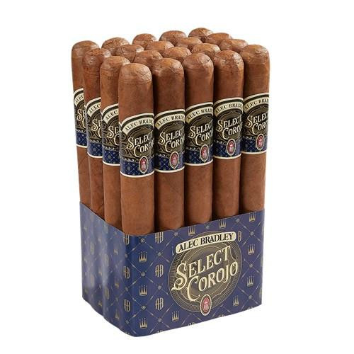 Alec Bradley Select Corojo Churchill Cigars 20Ct. Pack, a box of 20 cigars with natural brown wrappers, featuring the product label in blue and gold with the Alec Bradley logo and branding.
