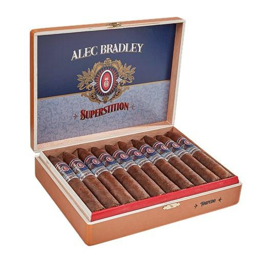 Alec Bradley Superstition Torpedo Cigars 20Ct. box, opened with 20 cigars neatly arranged inside.