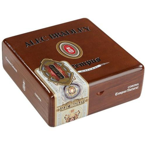 Alec Bradley Tempus Genesis Cigars 24Ct. Box, brown wooden cigar box with brand logo and decorative label, designed for premium cigar storage and gift.