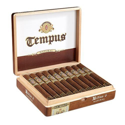 Alec Bradley Tempus Medius 6 Cigars 24Ct. Box, wooden cigar box with open lid displaying cigars with decorative bands inside a clean, well-organized interior.