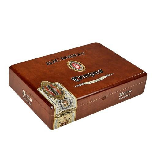 Alec Bradley Tempus Maduro Magnus Cigars 20Ct. Box, a rectangular wooden cigar box with a rich brown finish featuring gold and black branding and labels.