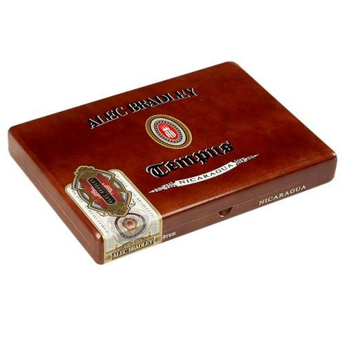 Alec Bradley Tempus Nicaragua Quadrum Cigars 10Ct. Box, wooden cigar box with Alec Bradley branding and Nicaragua text, showcasing a premium packaging for cigars.