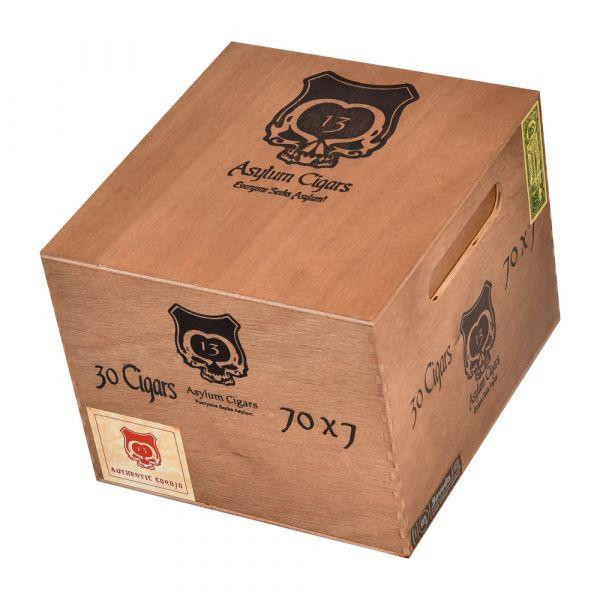 Asylum 13 Authentic Corojo Gordo Cigars 30Ct. Box, wooden packaging box with logo and product details.