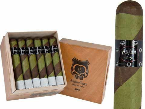 Asylum 13 Ogre 680 Cigars 30Ct. Box, image showing a wooden box with 30 green and brown cigars and one cigar outside the box with a black band.