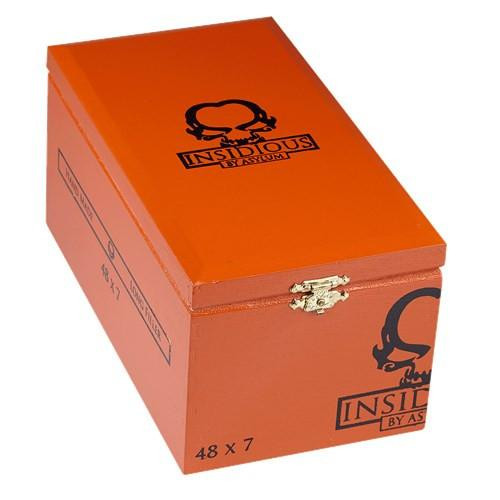 Asylum Insidious Habano 748 Cigars 25Ct. Box, orange packaging with black Insidious logo and silver latch.