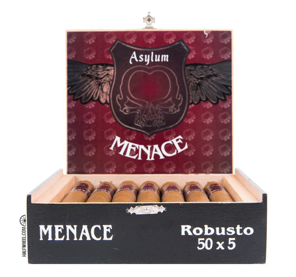 Asylum Menace Robusto Cigars 15Ct. Box, a view of the open wooden box containing cigars with a decorative lid featuring a skull and wings design.