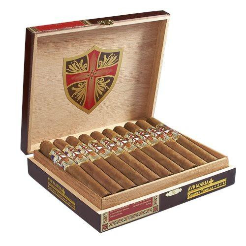 AJ Fernandez Ave Maria Knights Templar Cigars 20Ct. Box, open wooden cigar box displaying 20 cigars with decorative bands inside.