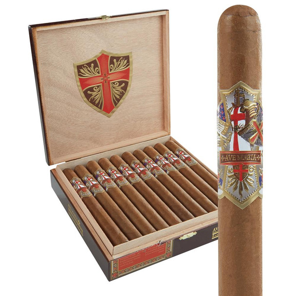 AJ Fernandez Ave Maria Barbarossa Cigars 20Ct. Box, wooden cigar box filled with 20 cigars and featuring a detailed shield logo on the band and inside the box lid.