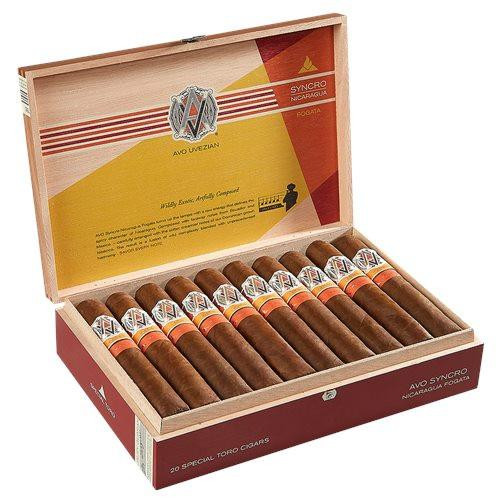AVO Syncro Nicaragua Fogata Special Toro Cigars 20Ct. Box, open wooden cigar box containing 20 cigars with colorful bands.