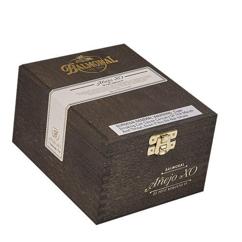 Scandinavian Tobacco Balmoral Anejo XO Petite Robusto Cigars 20Ct. Box, a dark wooden box with gold and white labeling for premium cigars.