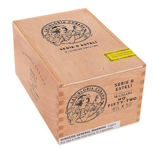 La Gloria Cubana Serie R Esteli No.52 Cigars 18Ct. Box, a wooden cigar box with the brand logo and product details printed on it.