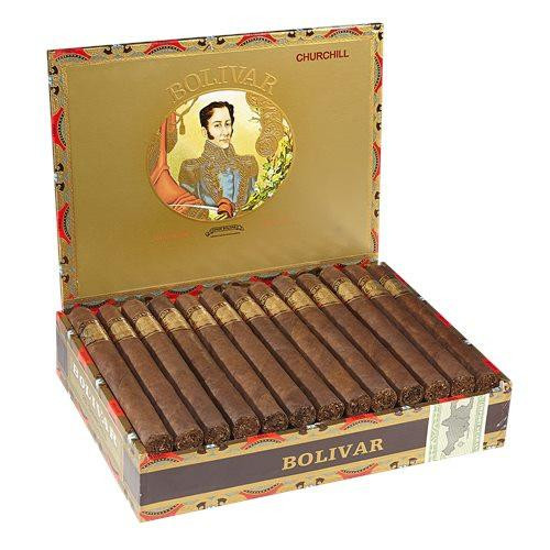 Bolivar Churchill Cigars 25Ct. Box, opened box showcasing rows of cigars with ornate packaging and vintage design.