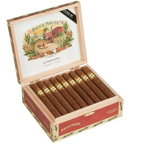 Brick House Corona Cigars 25CT Box, open cigar box with 25 premium cigars inside and vibrant colorful label on the lid featuring a house and tropical scenery.