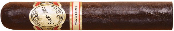 Brick House Maduro Robusto Cigars 25Ct. Box, close-up of a single dark brown cigar with a decorative gold, white, and red band.