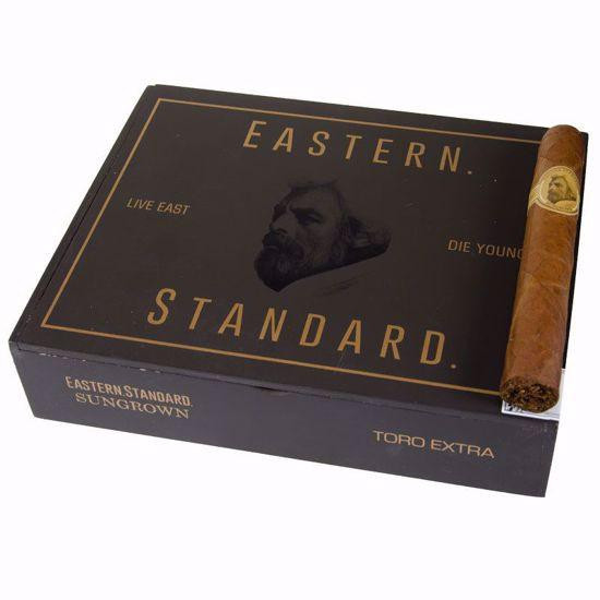 Caldwell Eastern Standard Habano Toro Extra Cigars 20Ct. Box, black and gold packaging with a rolled cigar on the side.