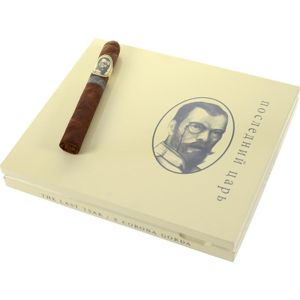 Caldwell The Last Tsar Corona Gorda Cigars 10Ct. Box, a cigar placed on top of a light-colored box with a portrait of a man on it, designed for cigar enthusiasts and collectors.