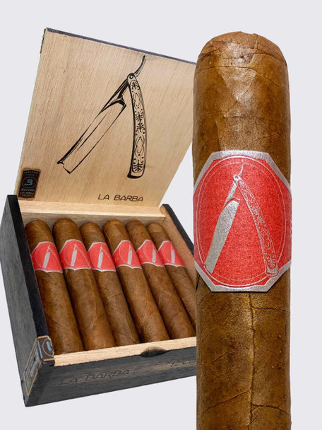 La Barba Red Rothschild Cigars 12Ct. Box, a set of premium cigars with a brown wrapper and a red Rothschild band, along with an open wooden box showing multiple cigars inside.