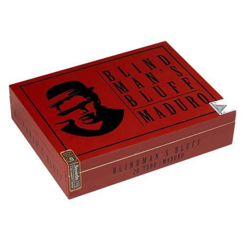 Caldwell Blind Man's Bluff Maduro Toro Cigars 20Ct. Box, red cigar box with black graphic of a man wearing glasses and hat, and text indicating the product name.
