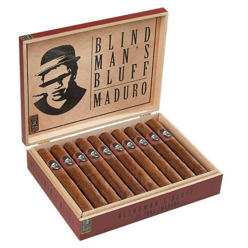 Caldwell Blind Man's Bluff Maduro Toro Cigars 20Ct. Box, opened wooden cigar box displaying 20 Maduro Toro cigars with branded bands.