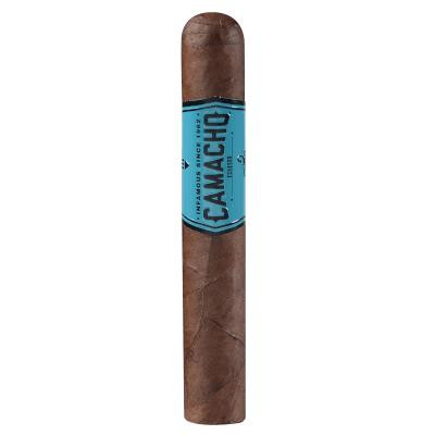 Camacho Ecuador Gordo Cigars 20 Ct. Box, close-up of a single cigar with a blue band and brown wrapper.
