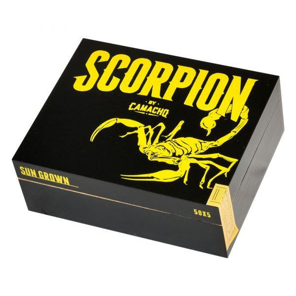 Camacho Scorpion Sun Grown Robusto Cigars 10Ct. Box, black packaging with yellow Scorpion logo and bold yellow lettering.