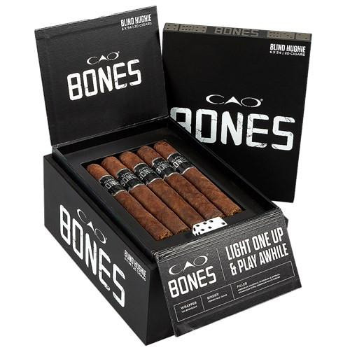 CAO Bones Toro Cigars 20Ct. Box, open black cigar box containing 20 cigars with a lighter on top, featuring bold white branding and a sleek design.