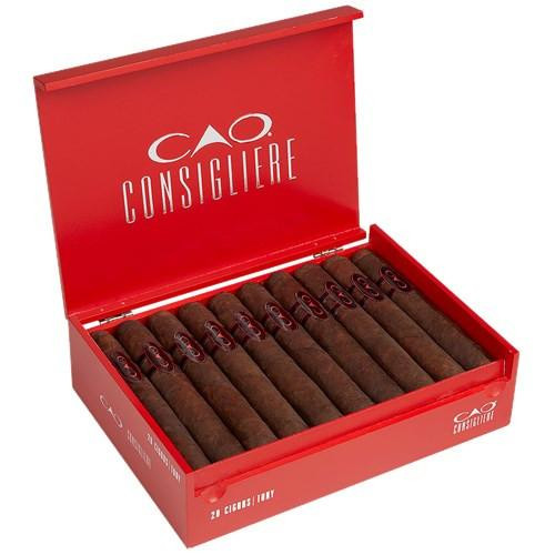 CAO Consigliere Tony Cigars 20Ct. Box, a red cigar box with 10 cigars inside arranged neatly.