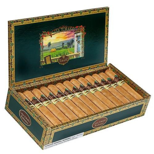 Carlos Torano Casa Torano Robusto Cigars 25Ct. Box, opened cigar box displaying 25 cigars inside with colorful landscape and sunset artwork on the inner lid.