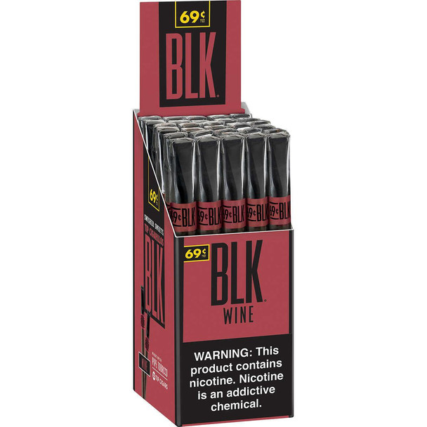 Swisher International Swisher Sweets BLK Tip Cigarillos Wine Single 30Ct. Box, display of black cigarillos with red and black labels on a cardboard stand.