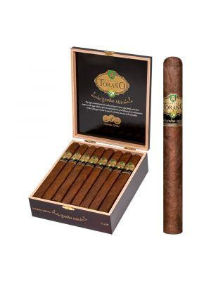Carlos Torano Exodus Gold 1959 Double Corona Cigars 24Ct. Box, opened wooden box displaying 24 cigars with a separate single cigar standing next to the box.