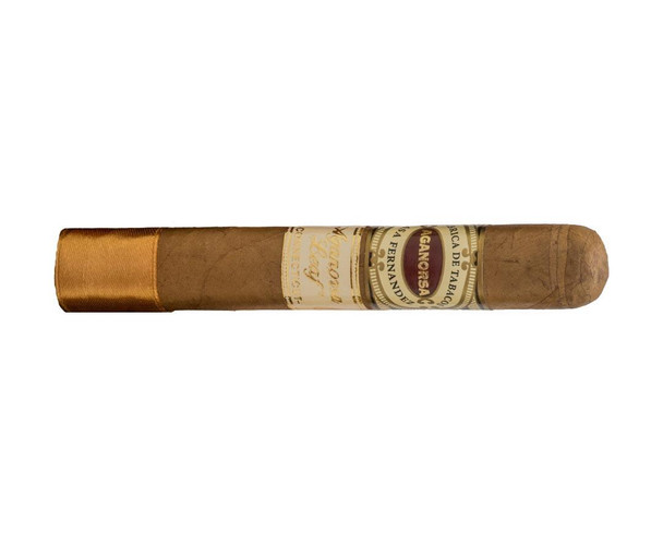 Aganorsa Leaf Connecticut Robusto Cigars 20Ct. Box, single cigar with a light brown wrapper and label, lying horizontally on a white background.