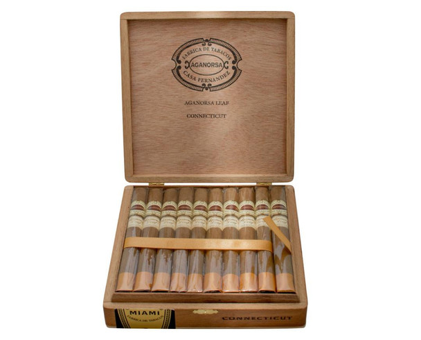 Aganorsa Leaf Connecticut Churchill Cigars 20Ct. Box, wooden cigar box containing twenty cigars with a ribbon, opened to show cigars inside with a detailed label.