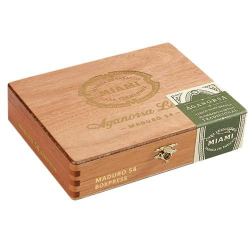 Casa Fernandez Aganorsa Leaf Maduro Robusto Extra Cigars 15Ct. Box, wooden cigar box with gold and green label and logo, featuring a secure latch and cigar branding.