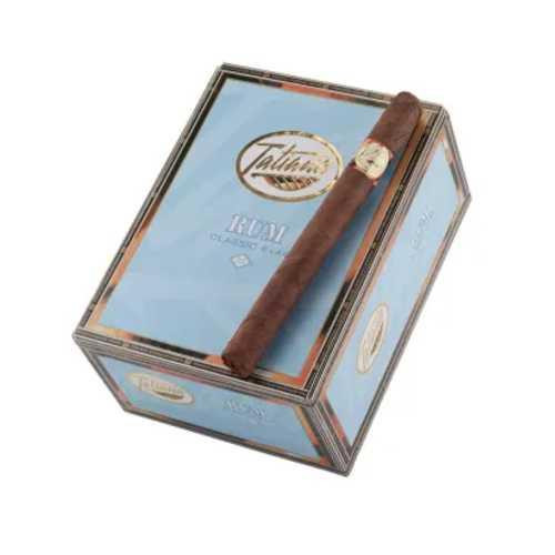 Tatiana Classic Rum Cigars 25Ct. Box, brown cigar with gold band resting on a blue packaging box with Tatiana logo.