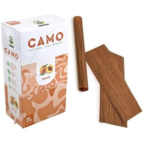 CAMO Natural Leaf Wraps Peach 25Pk, product packaging and wooden wraps with a rolling pin on white background.