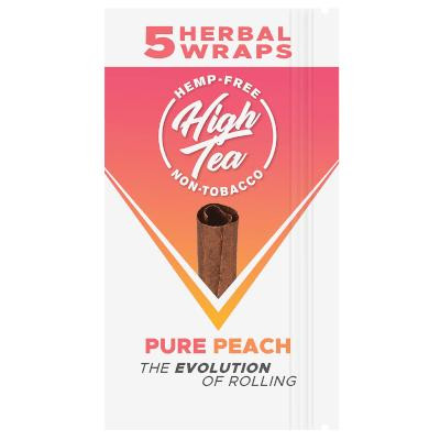 High Tea Wraps Juicy Pure Peach 25/5 Ct, image of the product packaging featuring a peeled peach flavor herbal wrap with a cinnamon stick illustration and colorful design.