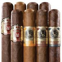 Victor Sinclair Flight Cigars Sampler 8Ct, assortment of cigar sticks in various shades of brown with decorative bands featuring gold and red accents.