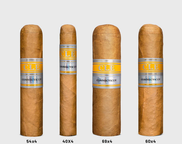 CLE Connecticut 460 Cigars 25Ct. Box, four cigars of varying sizes with labeled bands, on a plain background.