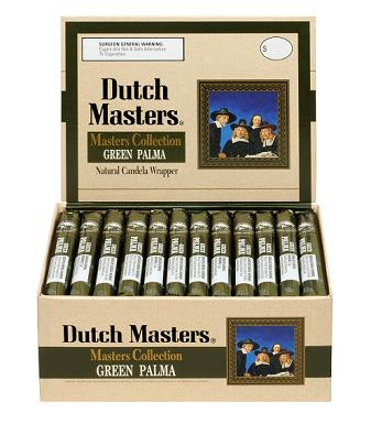 Altadis Dutch Masters Green Palma Cigars Box, display of cigars inside a cardboard box with a decorative label and artwork.