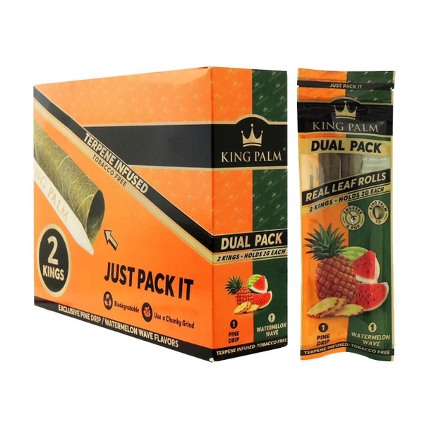 King Palm Dual Pack King Rolls Pine Drip & Watermelon Wave 20/2Pk, product packaging with images of pineapple and watermelon, and text highlighting natural leaf rolls and flavors.