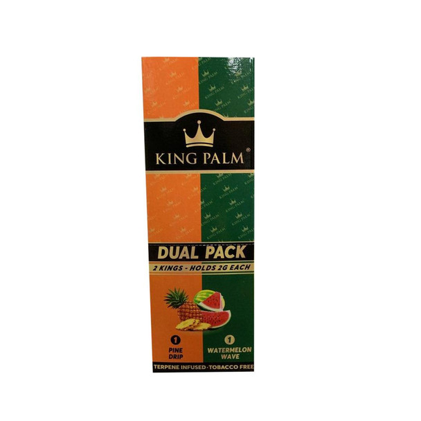 King Palm Dual Pack King Rolls Pine Drip & Watermelon Wave, product packaging featuring brand logo, flavor illustrations, and dual pack information.