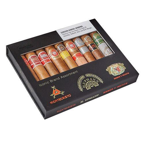 Altadis Iconic Brand Cigar Sampler 9Ct, an assortment of nine cigars in a black box with clear window display and various branded cigar wrappers.