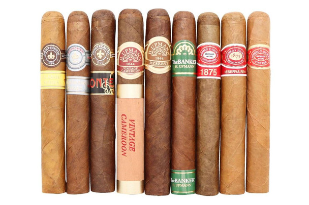 Altadis Iconic Brand Cigar Sampler 9Ct, collection of nine cigars with varied labels and sizes displayed in a row.