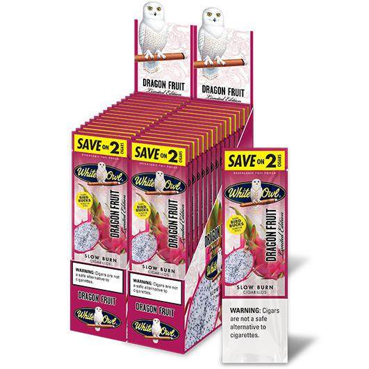 Swedish Match White Owl Cigarillos Dragon Fruit 30 Pouches of 2, display box of cigars with a white owl mascot, dragon fruit flavor, and promotional signage.