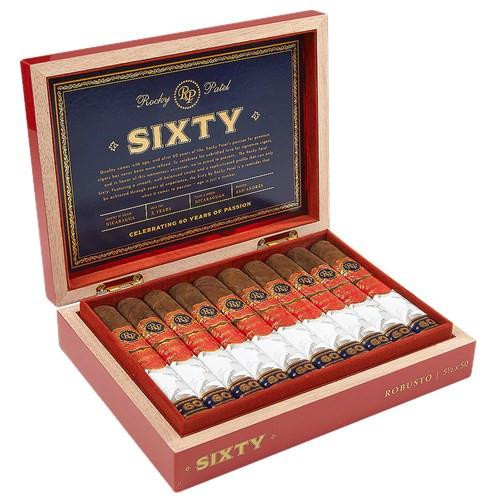 Rocky Patel Sixty Cigars, a wooden box containing 50 cigars with red and white bands, showcased open to display the premium cigars inside.