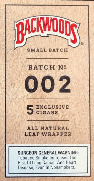 Altadis Backwoods Cigars Small Batch 002, close-up of the cigar packaging label showcasing the batch number, quantity, and natural leaf wrapper details.