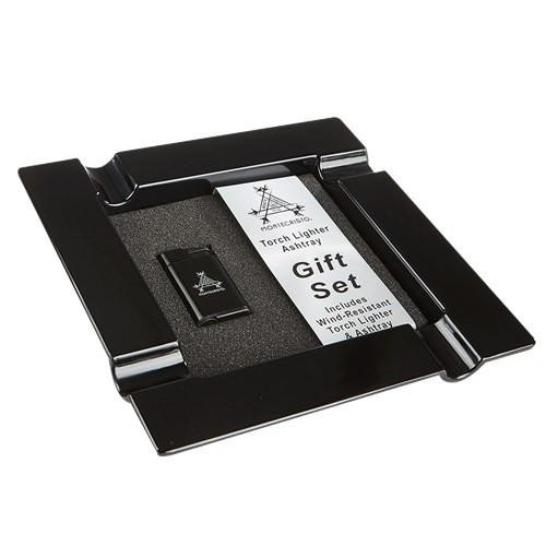 Quality Importers Humidors Montecristo Attache Gift Set Ashtray & Lighter Combo, black box containing a Montecristo branded lighter and ashtray with gift packaging.
