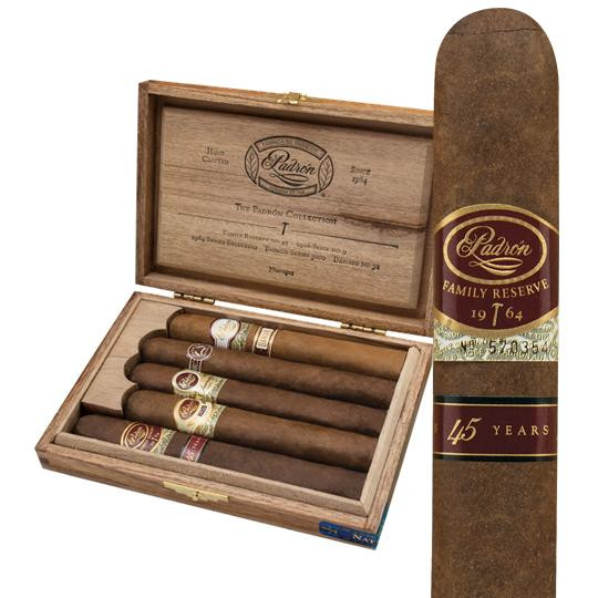 Padron Cigars Collection Natural Sampler 5Ct, wooden cigar box with five cigars inside and one cigar displayed outside, featuring branding labels and a textured brown wrapper.