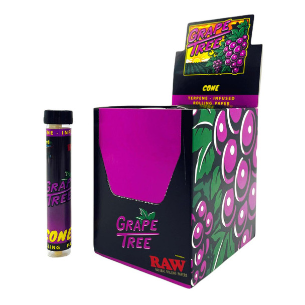 RAW Grape Tree Terpene Enhanced King Size Cones 12ct, colorful packaging with grape design and a single cone with matching branding.