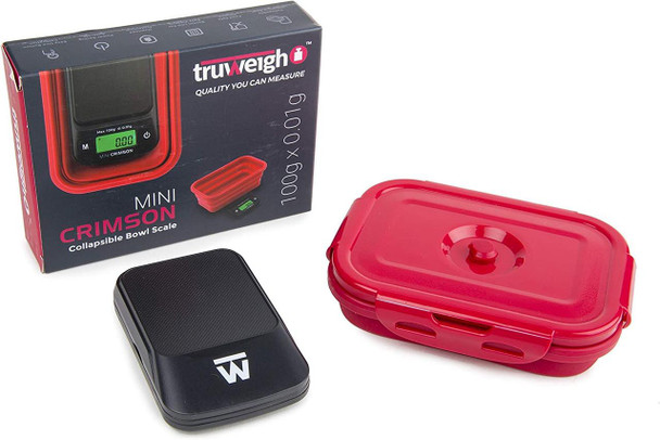 TRUWEIGH MINI CRIMSON COLLAPSIBLE BOWL SCALE, compact digital kitchen scale with red collapsible bowl and black digital display for precise weighing.